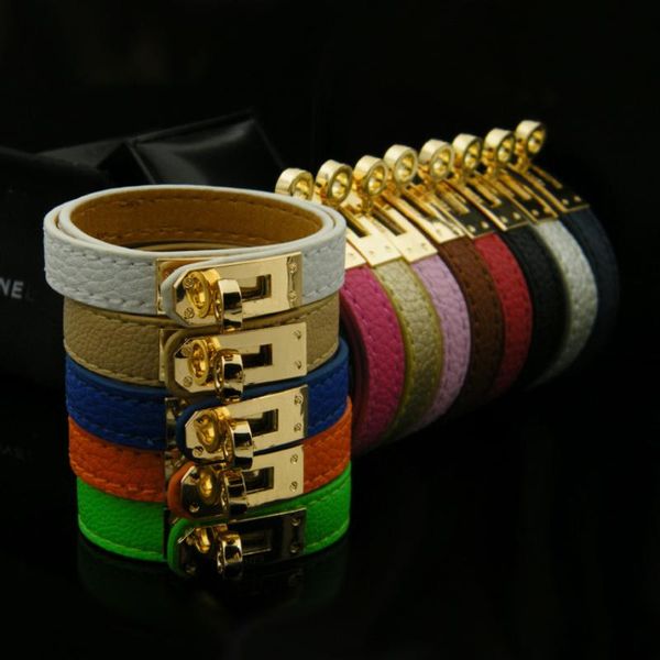 

bangle pulsera de doble capa estilo punk para hombre y mujer, tela cuero pu alta calidad, colgante con cierre oro, charms, Black