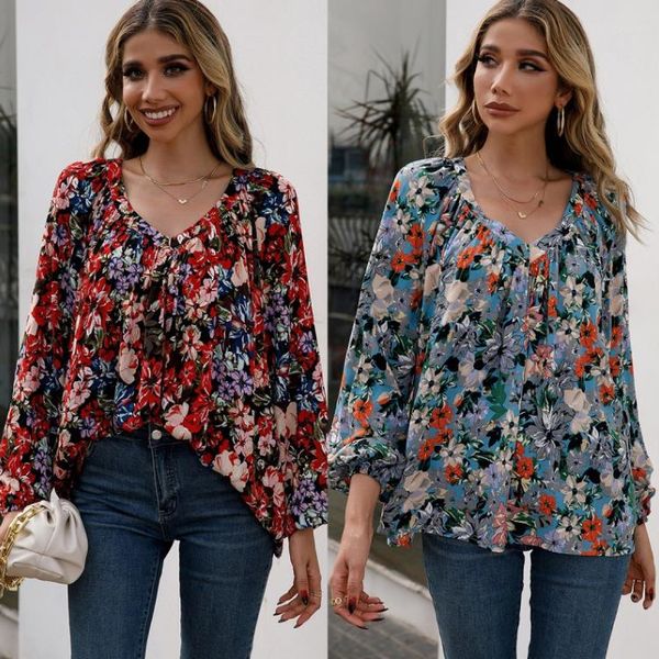 

loose casual floral long-sleeved v-neck shirt printed shirt women, White