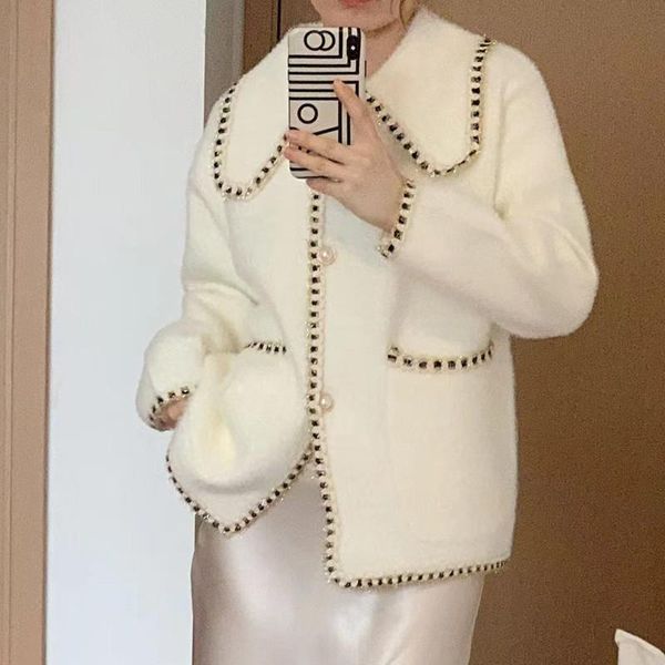 

women's jackets imitation mink coat women autumn and winter knitted big lapel jacket stylish solid, Black;brown