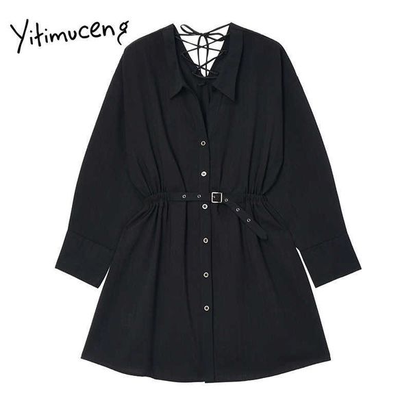 

yitimuceng sashes mini dresses for women plus size long sleeve backless a-line black lace up casual spring summer autumn 210601, Black;gray