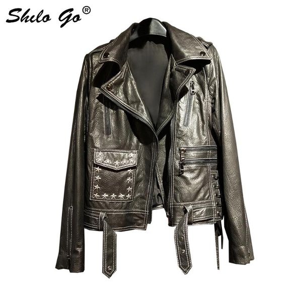 

women's jackets shilo go leather jacket womens spring fashion sheepskin genuine coat lapel collar star rivet pocket belt locomotive, Black;brown