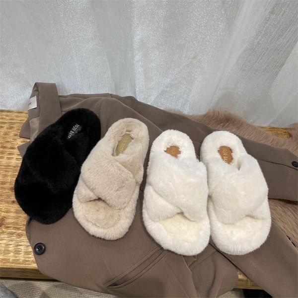 

slippers rubber flip flops soft female shoes low raccoon fur slides cross-tied winter footwear shallow hawaiian comfort 2021 plu, Black