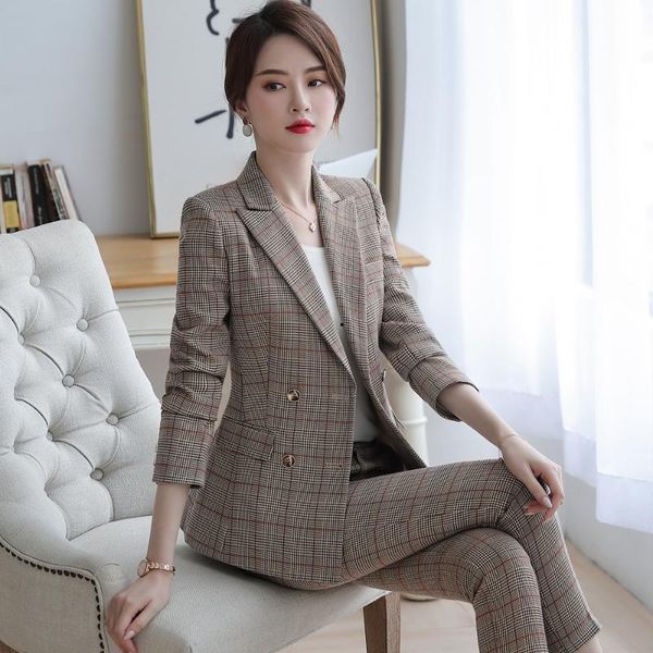 

women's suits & blazers plaid office pant set s-4xl professional suit 2 pcs full sleeve jacket long trousers woman el lady 80323, White;black