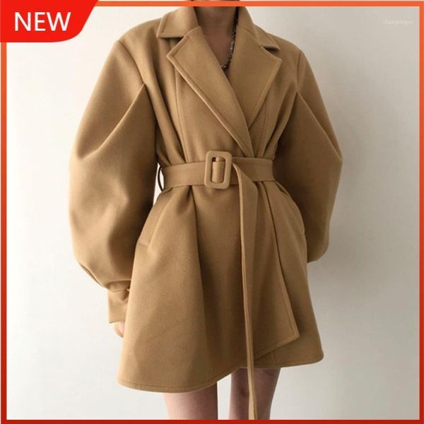 

women's wool & blends plus size woolen suit coat with belt mantel 2021 autumn winter female turn-down collar long-sleeved minimalist, Black