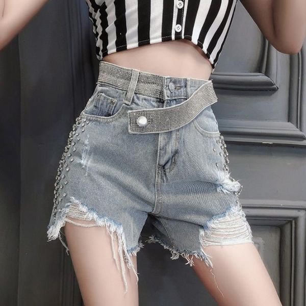 

[ewq] 2021 spring summer fshion street style high waist rhinestone tassel hole button straight denim shorts women se915 women's jeans, Blue