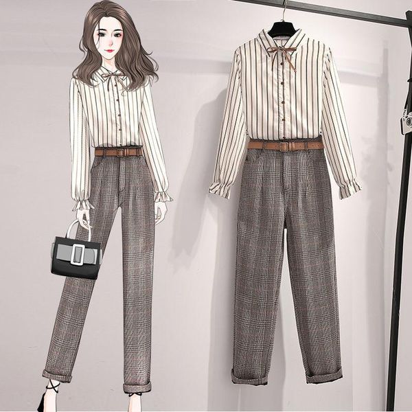 

women's two piece pants women 2021 spring autumn fashion two-piece suits female long sleeve striped blouses ladies high waist straight, White