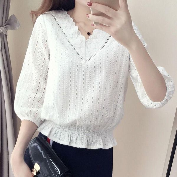 

women's blouses & shirts women 2021 spring autumn fashion clothing female elegant v-neck blusas femininas casual blouse lace shirt z97, White