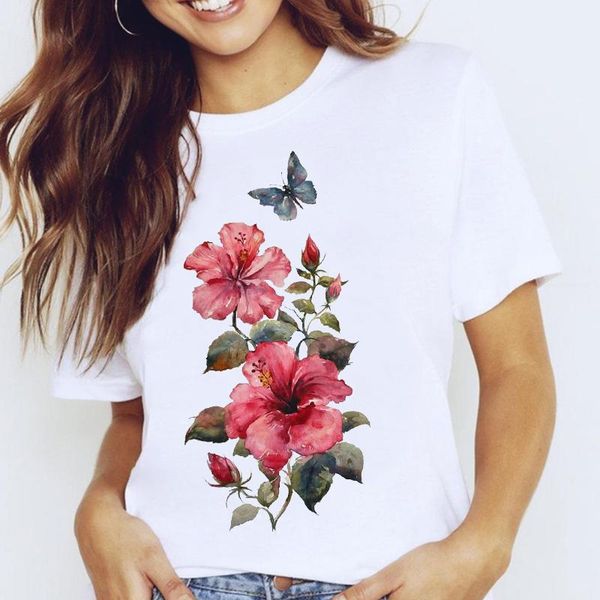 

women's t-shirt women graphic floral flower butterfly fashion spring summer 90s short sleeve lady clothes tees print female tshirt, White