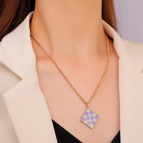 

pendant necklaces ins style fashion simple two-color clavicle chain women's dripping oil blue purple square chessboard necklace jewelry, Silver
