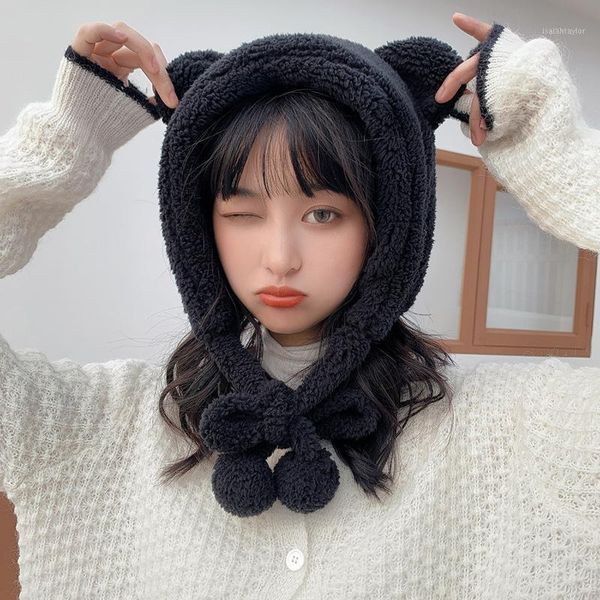 

berets 2021 autumn and winter plush hat women sweet cute all-match cold warm fur ball pure color ear caps, Blue;gray