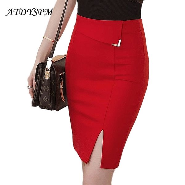

plus size women midi skirts high waist stretch split summer womens elegant office lady cotton package hips 210621, Black