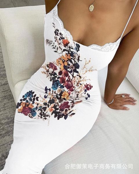 

casual dresses 2021 summer fashion floral print stitching lace dress suspender, Black;gray