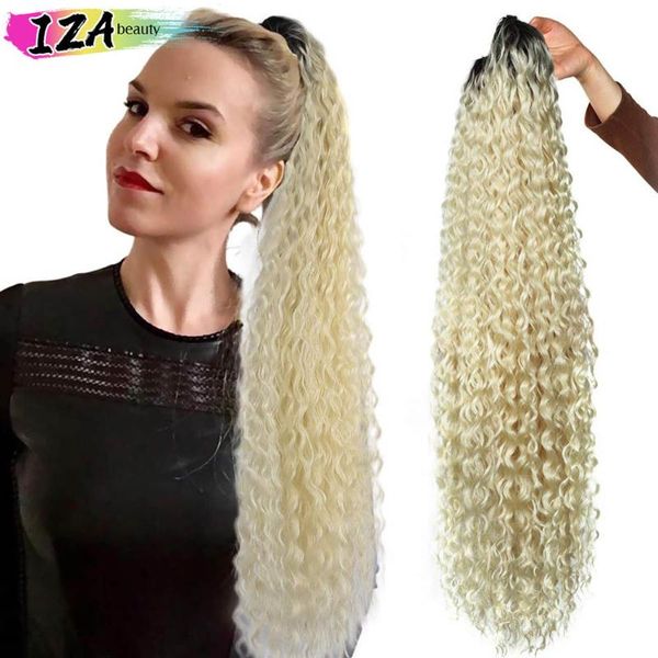 

synthetic wigs 30inch afro kinky curly ponytail chip-in hair piece black brown ombre color fake by iza beauty