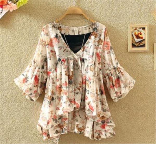 

women's blouses & shirts women floral print blouse casual v-neck chiffon lady lantern sleeve ruffles irregular blusas plus size, White