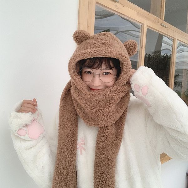 

plush bear ear cute beanie hat for women winter warm lamb wool scarf with cap novelty furry hooded scarves girl gift, Blue;gray
