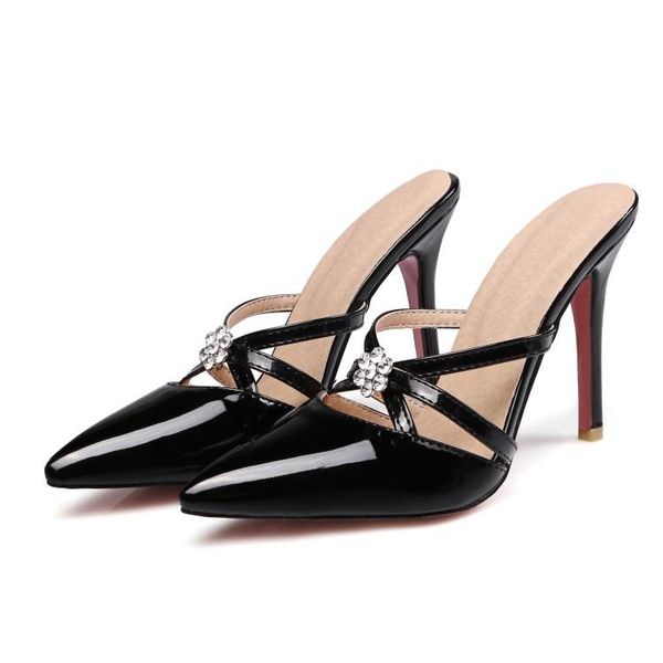 

slippers pqecfs big size 31-47 2021 summer fashion women solid crystal pointed toe heels sandals 5 colors, Black