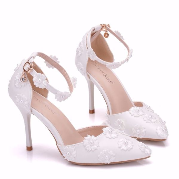 

sandals sandals high heels women style and pointed toe buckle strap white lace flower wedding summer shoes, Black