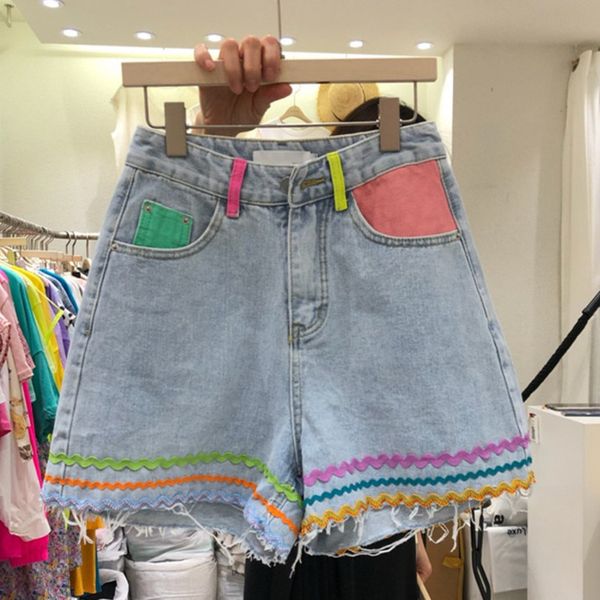 [EWQ] Neue kausale Demin-Shorts von Feminimos, blaue koreanische Jeans-Shorts mit hoher Taille, Kontrastfarbe, Quaste, weites Bein, 16W767 210423