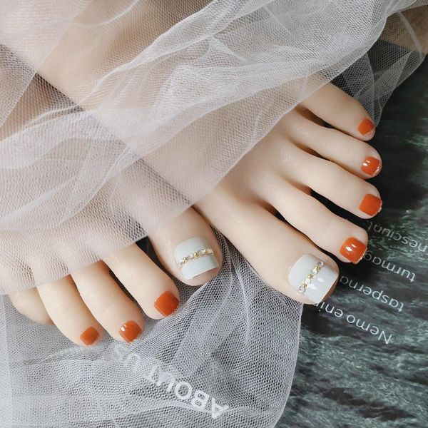 

false nails fake press on toenails orange gold trim decorative toe nail stickers finished acrylic products 24 pieces with glue tn, Red;gold