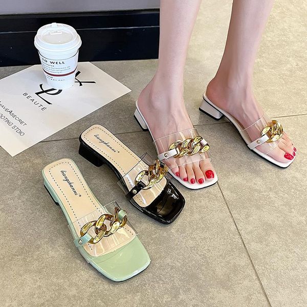 

sandals 2021 women square head chain transparent thick heel summer shoes woman flat platform open toe, Black