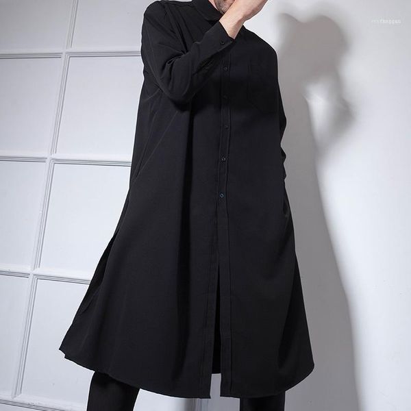 

men's casual shirts super long dark sleeve shirt side split trendy hairdresser nightclub hip-hop loose1, White;black