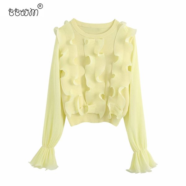 

women sweet fashion ruffles patchwork knitted pullovers vintage o neck long sleeve sweater girls chic jumpers 210520, White
