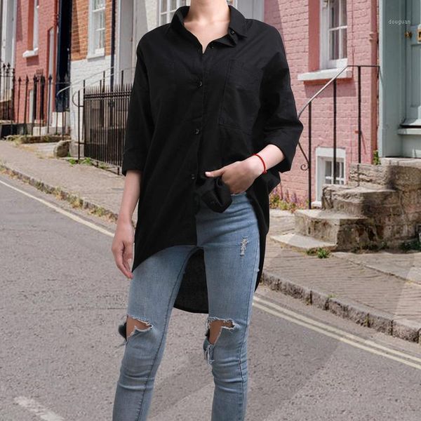 

women's t-shirt linen blouse shirt roll-up sleeve plus size button tunic pockets fft, White