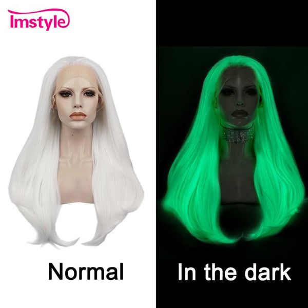 

synthetic wigs imstyle luminous silk wig white lace front straight for women noctilucent hair, Black