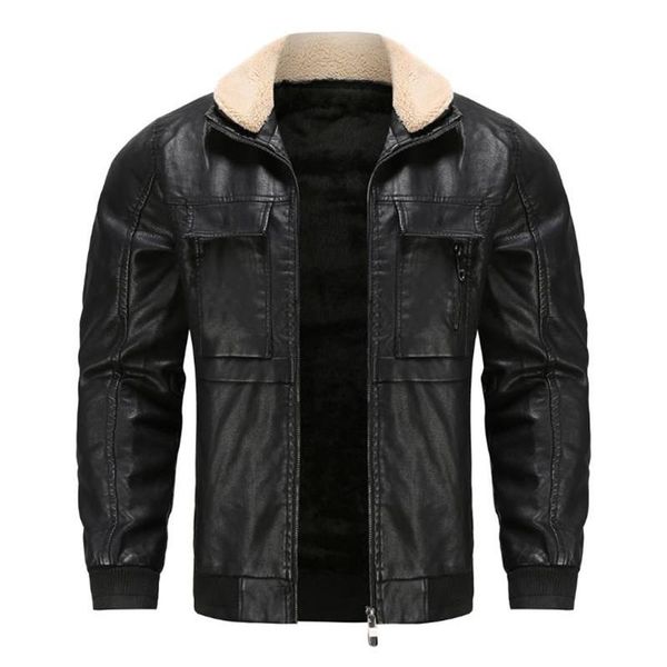 

men's fur & faux men leather jacket winter solid color motorcycle casual plus velvet warm coat pu jackets male, Black