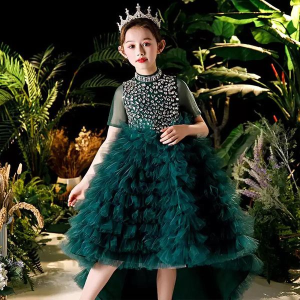 

girl's dresses flower girl illusion crystal high short princess knee-length tulle lace luxury green elegant lovely kids party gown h443, Red;yellow