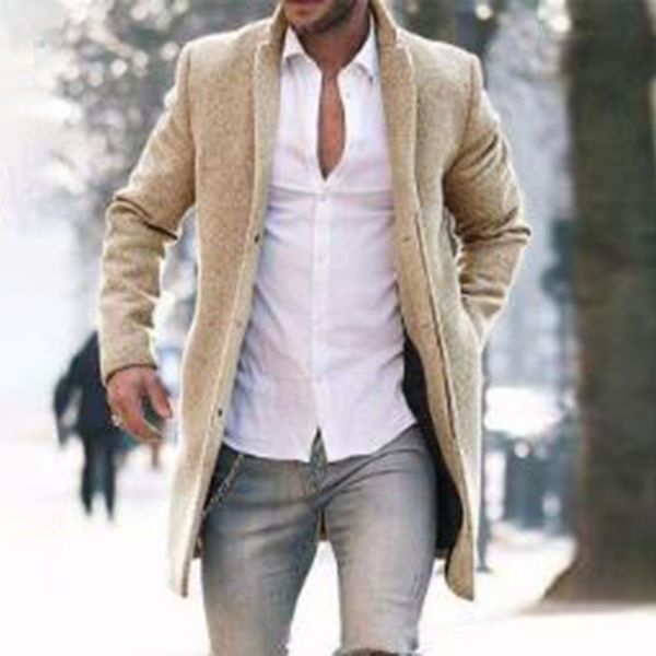 

autumn winter fashion men solid color woolen coat keep warm pocket lapel long sleeve temperament single breasted 2pcs, Black
