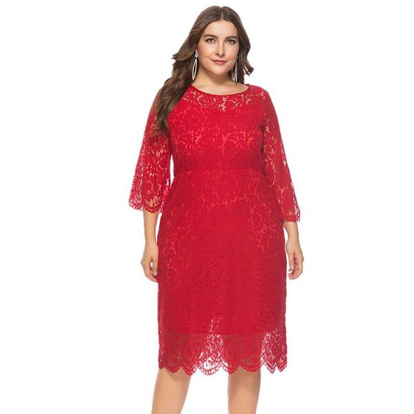 

plus size dresses autumn women dress see-through lace o-neck mid long solid 2021 fashion red vestido for christmas, Black
