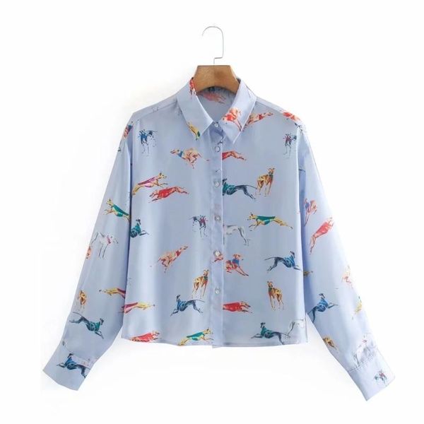 

women color dog print loose shirts female turndown collar long sleeve blouses casual lady blusas s8212 women's &, White