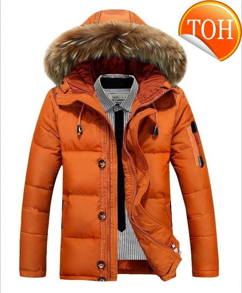 

warm men's battlefield winter keep coat 90% white duck down solid color jacket casual with real fur, Black