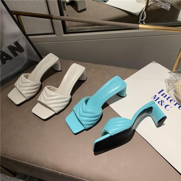 

slippers women slides blue shoes square toe sandal summer high heel outdoor, Black