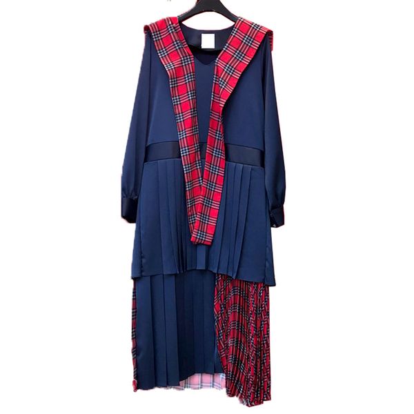 

navy blue sailor collar long sleeve plaid patchwork pleated asymmetrical midi drees autumn spring d2363 210514, Black;gray