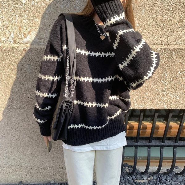 

women's sweaters women autumn winter knitting stripes pattern long sleeve half high collar fashion loose style pullovers female, White;black