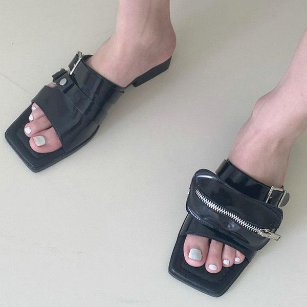 

slippers 2021 summer low heels female genuine leather zippers women flat shoes est classic design casual basic sandals, Black
