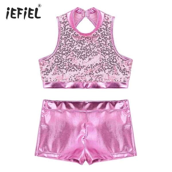 Vestiti estivi per ragazze Set Moda paillettes luccicanti Senza maniche Crop Top Metallic Bottoms Set Jazz Hip Hop Stage Dance Abbigliamento per bambini 210326