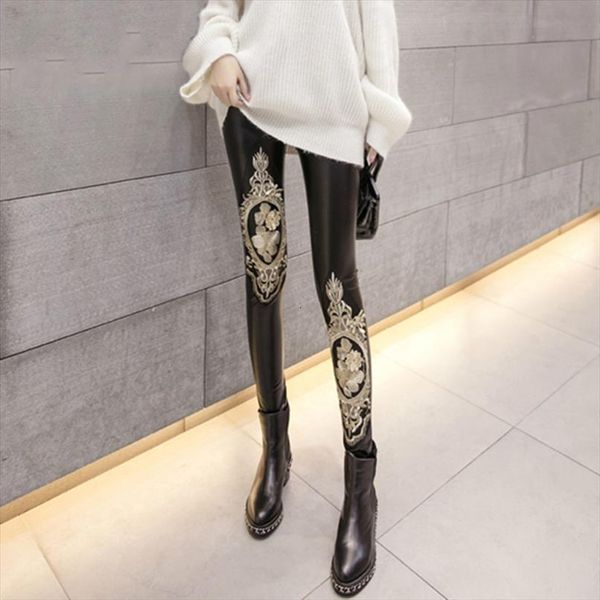 

pu faux leather chic women leggings lace embroidery skinny pants slim thin fleece pencil s xxl, Black