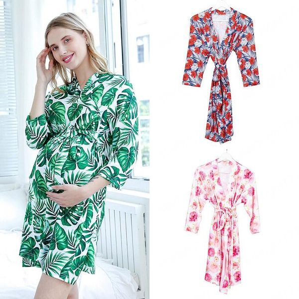 

maternity sleep lounge clothes pregnant women nightgown floral printed robe pajamas clothing, White