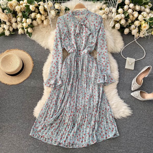 

dress croysier es for women elegant vintage floral print bow tie neck long sleeve ruffle pleated chiffon midi tecp, Black;gray