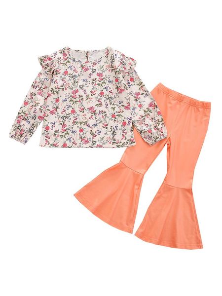 

clothing sets 2 pcs toddler casual outfits, girls flower print long sleeve round neck ruffle pullover + solid color flared pants, White