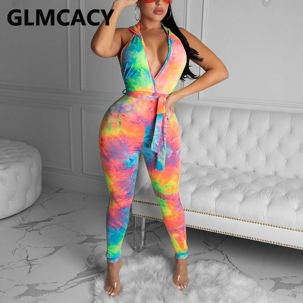 

women tie dye printed backless belt bodycon jumpsuits 210702, Black;white
