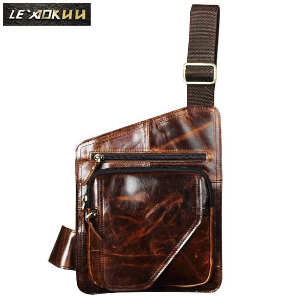 

crazy horse leather men casual fashion travel daypack chest sling bag coffee design one shoulder strap crossbody male b214c waist bags