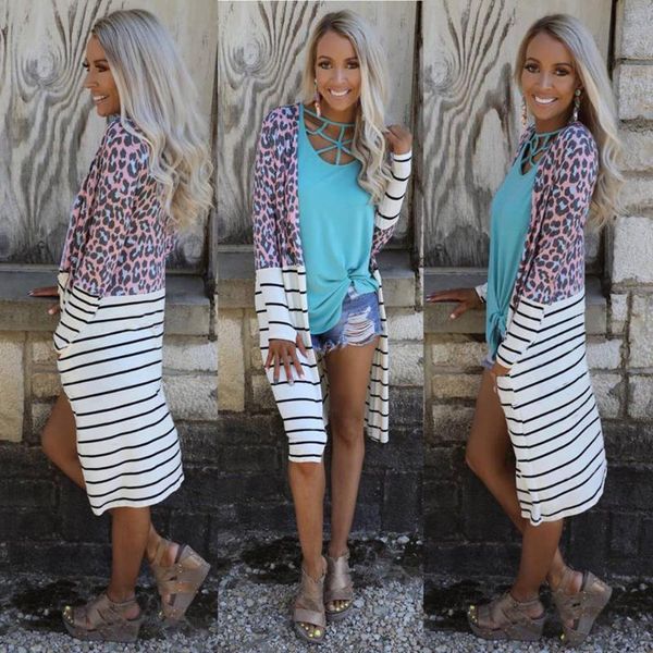 

women's jackets women candigans casual striped leopard patchwork long sleeve coat open stitch, Black;brown