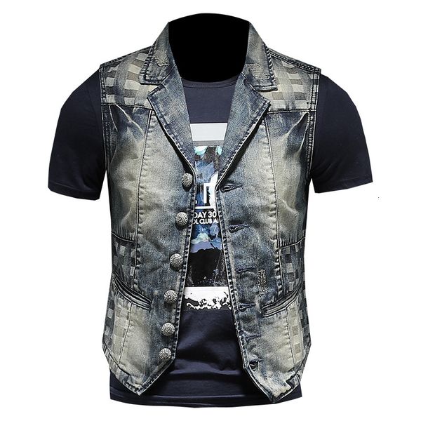 

downs men's slim blue retro denim jacket casual vest spring summer, Black