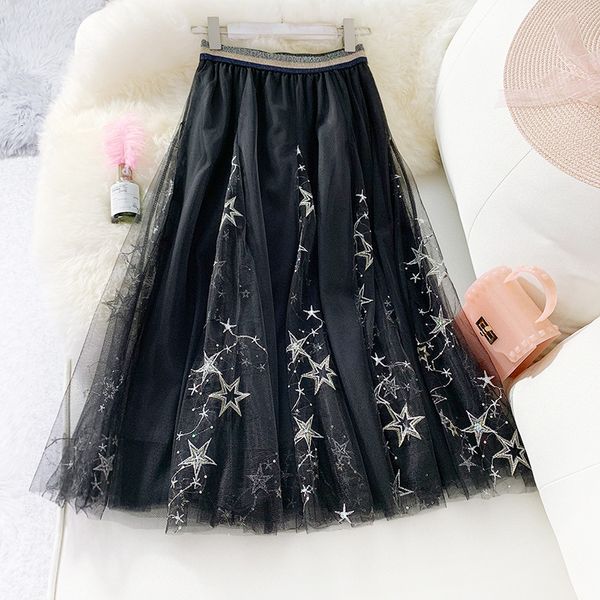 

skirt sherhure chic embroidery skirt waist summer mesh saia a-line women skirts faldas jupe femme, Black