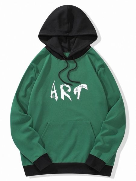 

men letter graphic two tone drawstring hoodie 42rn#, Black