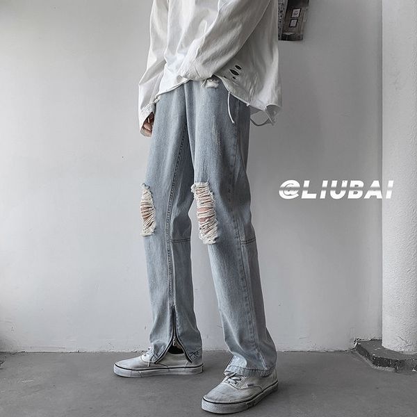 

men's jeans summer ripped slim fashion casual wide-leg men streetwear hip-hop hole straight denim trousers mens -2xl tzie, Blue